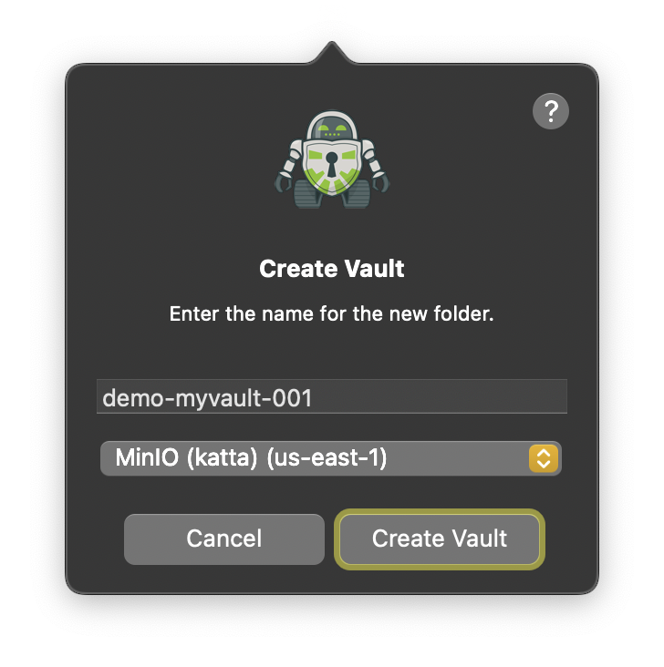 Create Vault dialog in Katta Desktop
