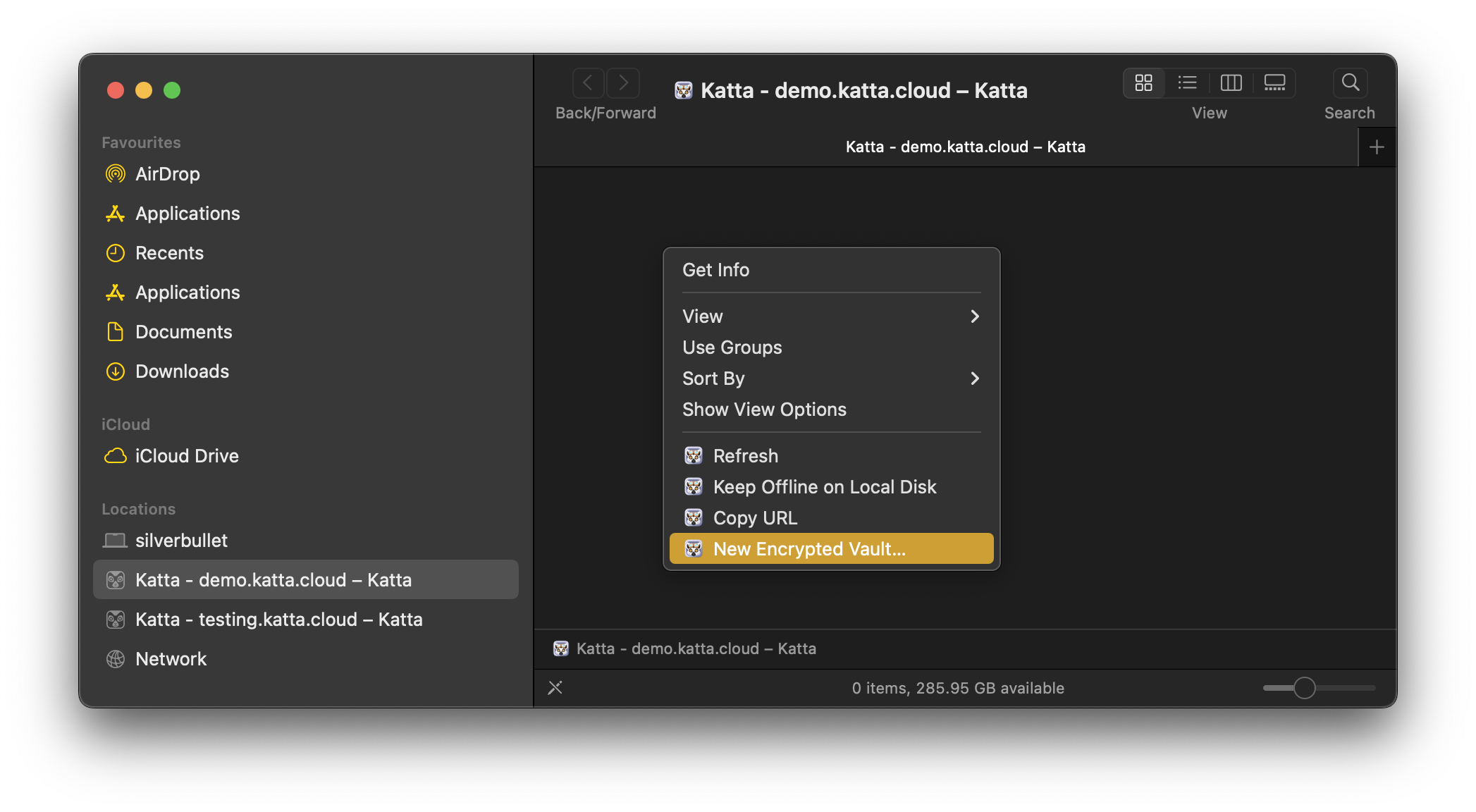 New Encrypted Vault context menu