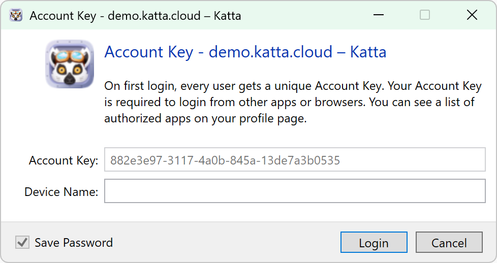 Account Key dialog in Katta Desktop