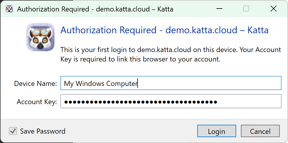 New device dialog in Katta Desktop
