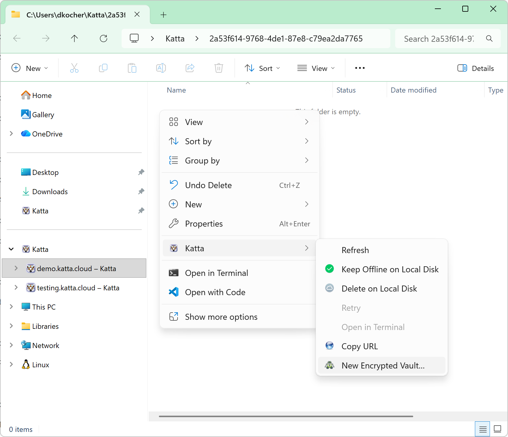 New Encrypted Vault context menu